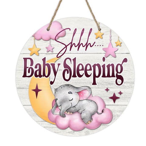 Deroro Shhh Baby Sleeping Front Door Sign, Elephant Moon Pink Cloud Stars Wood Door Hanger Outdoor Porch Nursery Decor, Rustic Wooden Wreath Indoor Wall Hanging Kids Baby Girl Room Decoration