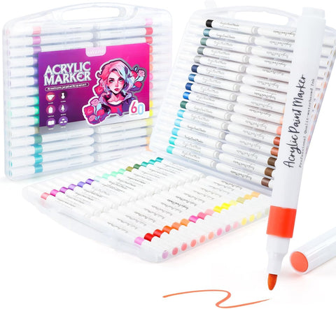 SAVZJSD 60 Colors Acrylic Paint Markers, 2mm Tip Acrylic Markers for Paper, Canvas, Rock, Garment, Woods,Glass,Ceramic, Plastic,Fabric, Painting, Steel& Art Supplies