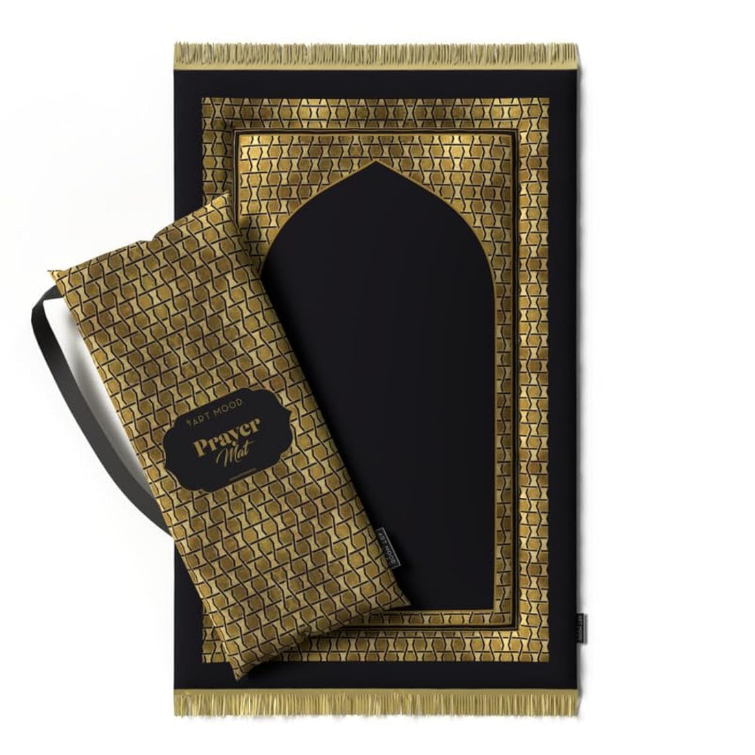 ART MOOD HOME Prayer Mat Premium, Velvet with Elegant Design, Soft Low Pile with Supportive Cushioning, Lightweight and Foldable for Home and Mosque, 117L × 68W cm, Gold and Black