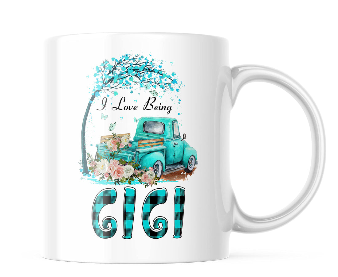 I Love Being A Gigi Mug Mother's Day Coffee Cup, Mug, Funny Gifts, Love GiGi, Teal Plaid Truck, Woman, Friend, Birthday, Awesome Christmas Gift 11oz CM1083