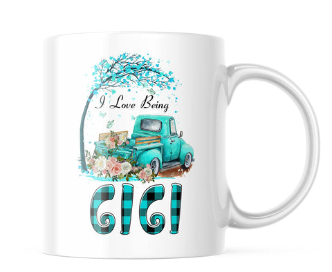 I Love Being A Gigi Mug Mother's Day Coffee Cup, Mug, Funny Gifts, Love GiGi, Teal Plaid Truck, Woman, Friend, Birthday, Awesome Christmas Gift 11oz CM1083