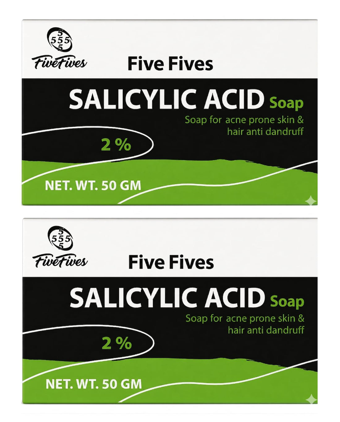 Five Fives Salicylic Acid Soap 2% – Pack of 2 x 50g – Acne & Oil Control Soap – Deep Cleansing Anti-Dandruff Soap for Face, Body & Hair