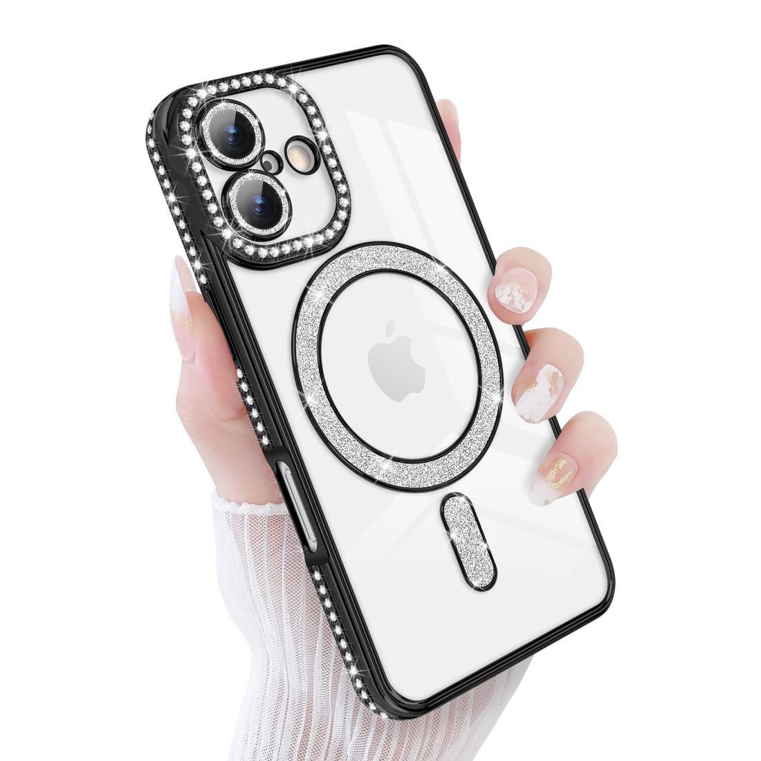 Dl3 Mobilak Magnetic Sparkly Glitter Phone Case for iPhone 16 [Compatible with Magsafe], Camera Lens Shockproof Protector Bling Diamonds Soft TPU Cover for Girls Women - Black