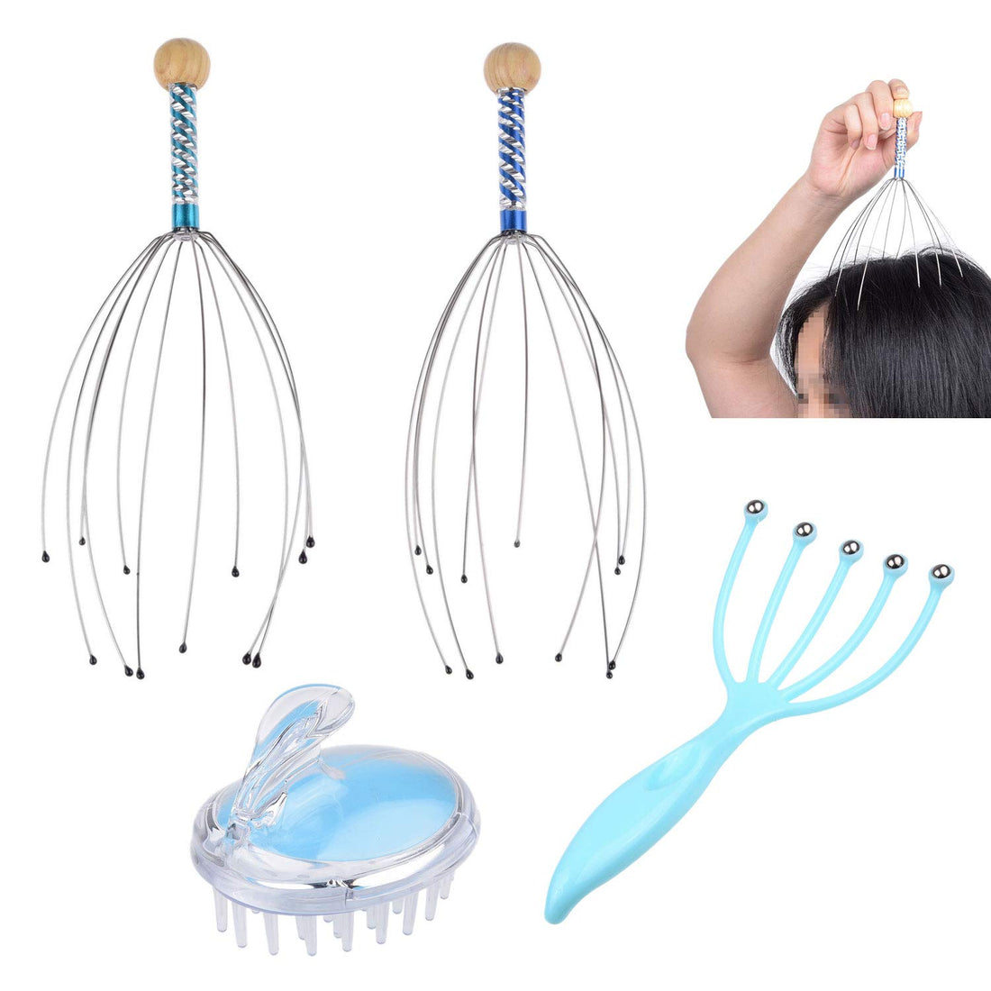 Massage Kit- 2 Scalp Scratcher, 1 Roller Ball Claw and 1 Shampoo Massager Brush, Relaxes and Rejuvenates, Stimulates Blood Circulation