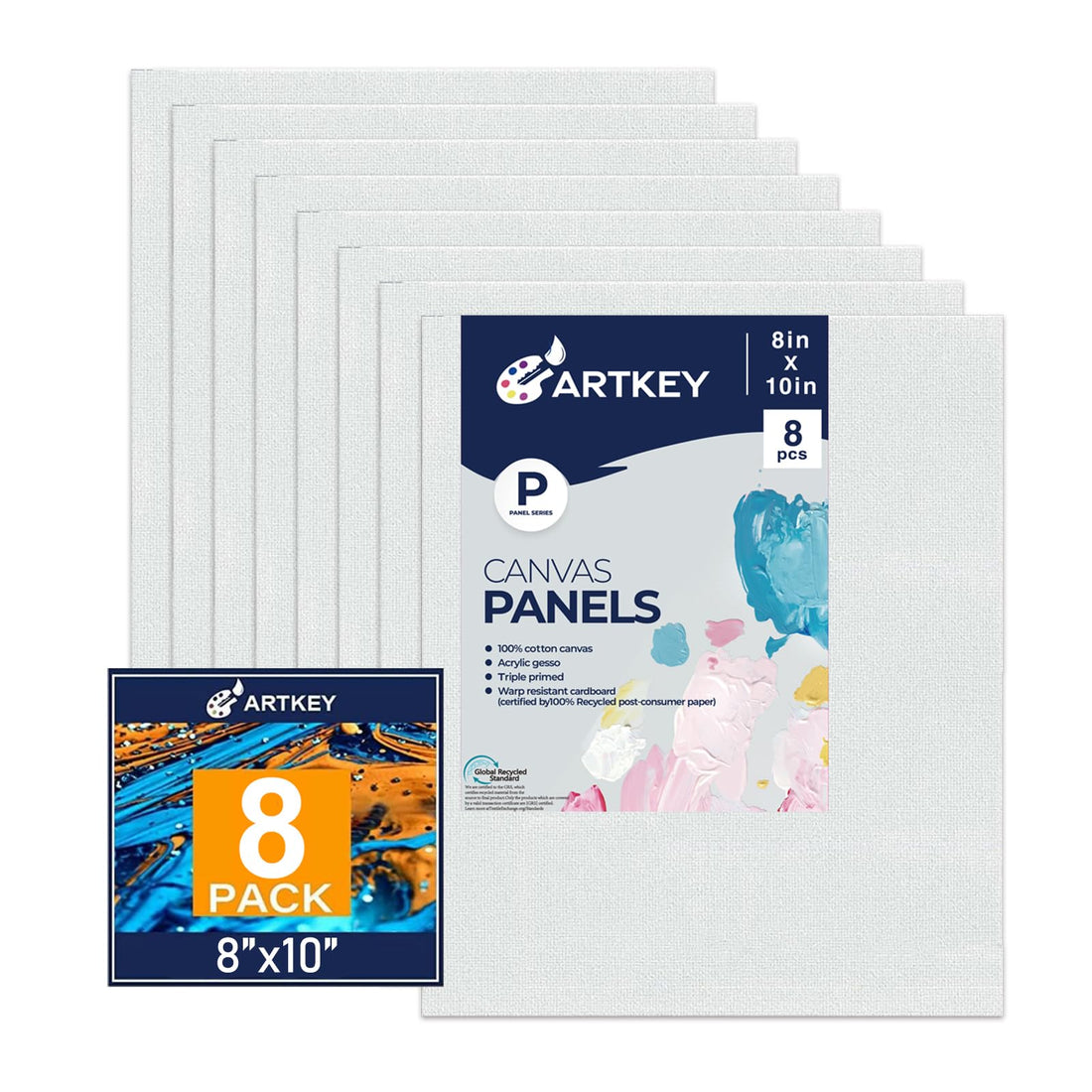 Canvas Panels 8x10 Inch 8-Pack, 10 oz Primed 101% Cotton White Blank Small Canvases for Painting, Square Flat Canvas Board for Oil Acrylics Watercolor & Tempera Paints