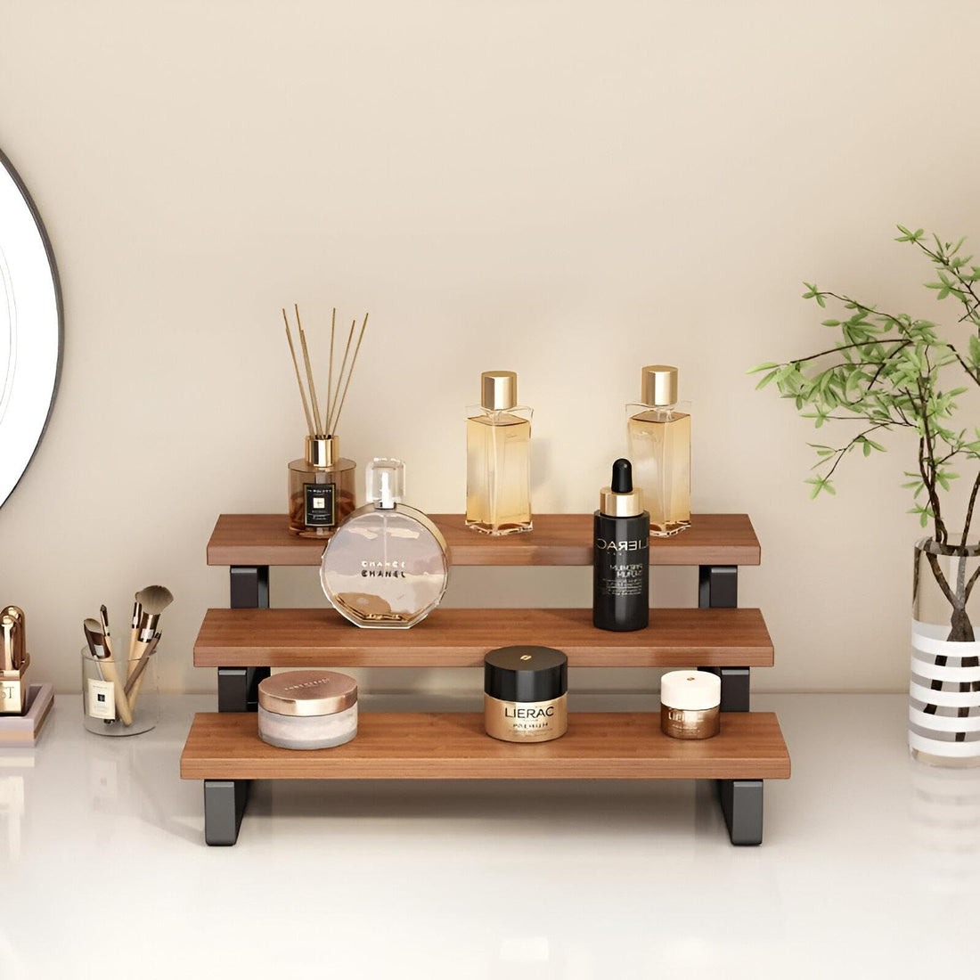 Chic Wooden Spice Tower - Stylish Multi-Level Shelf with Metal Legs for Organizing and Displaying Spice Jars, Oils, and Kitchen Condiments