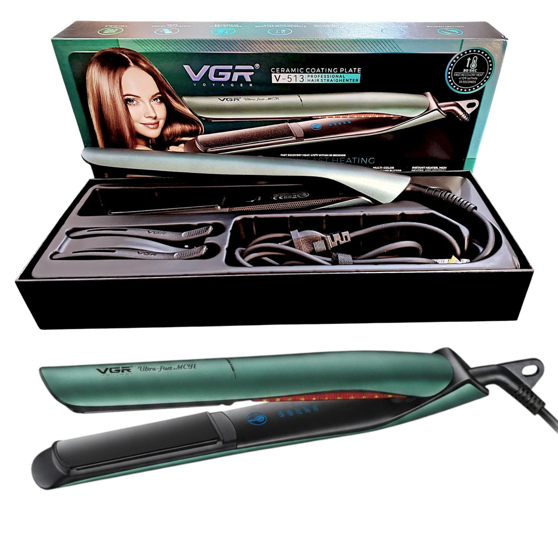 VGR V-513 Professional Hair Straightener, Ceramic Coated Plates, 5 Temperature Settings, 150°C-243°C, 1-Hour Auto-Off, Fast Heat (Green)