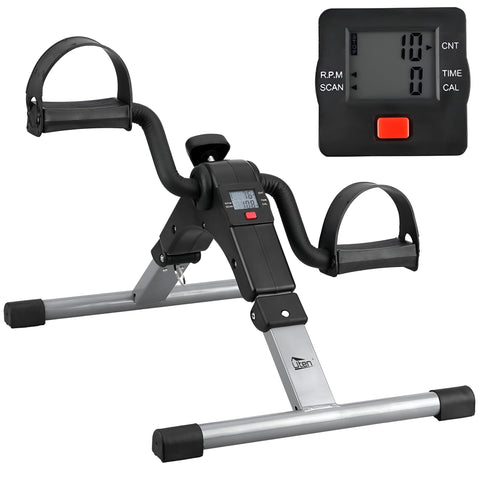 Portable Desk Cycle - Compact folding pedal exerciser with LCD monitor, multi-level resistance, ideal for seated workouts at desk or while traveling in silver.