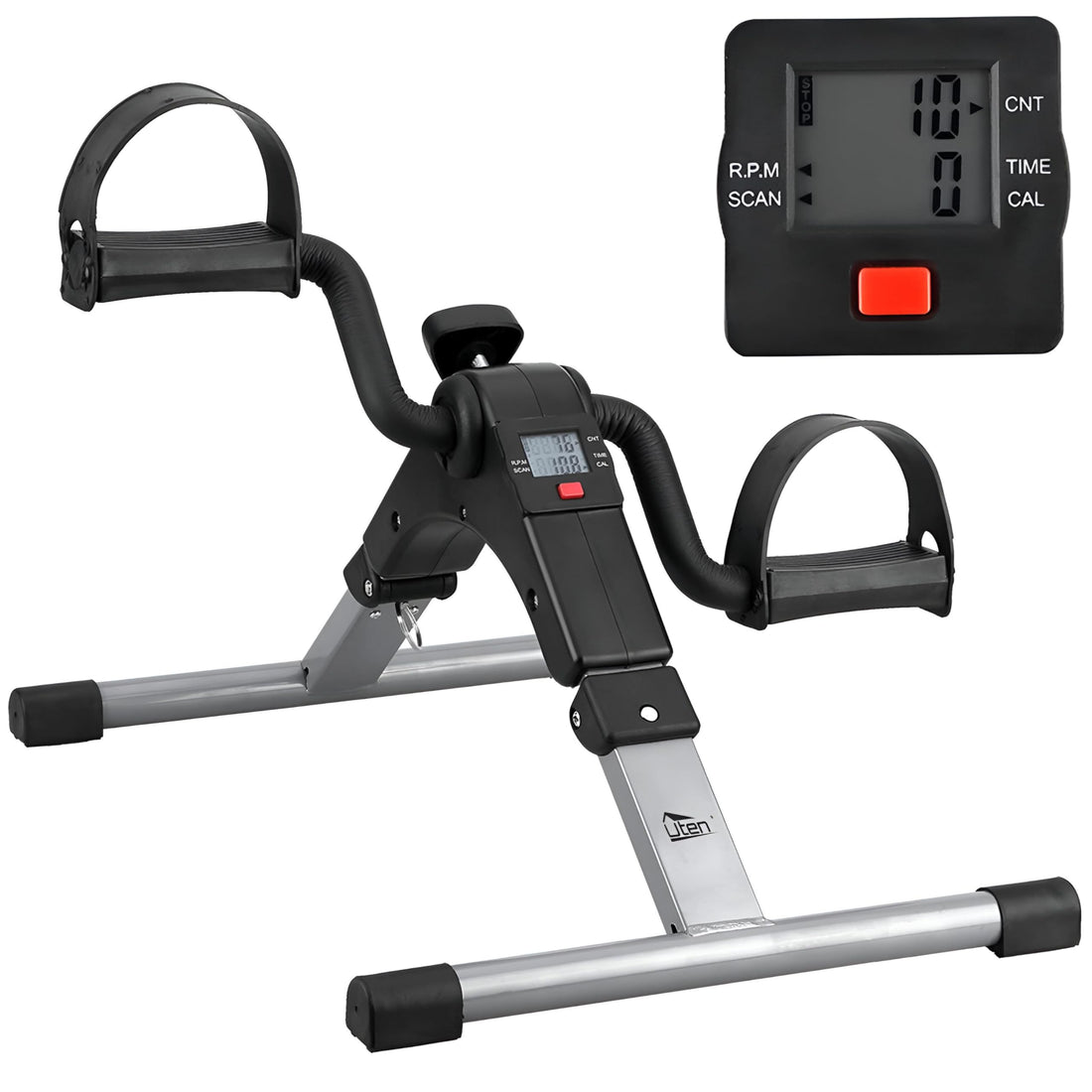 Portable Desk Cycle - Compact folding pedal exerciser with LCD monitor, multi-level resistance, ideal for seated workouts at desk or while traveling in silver.