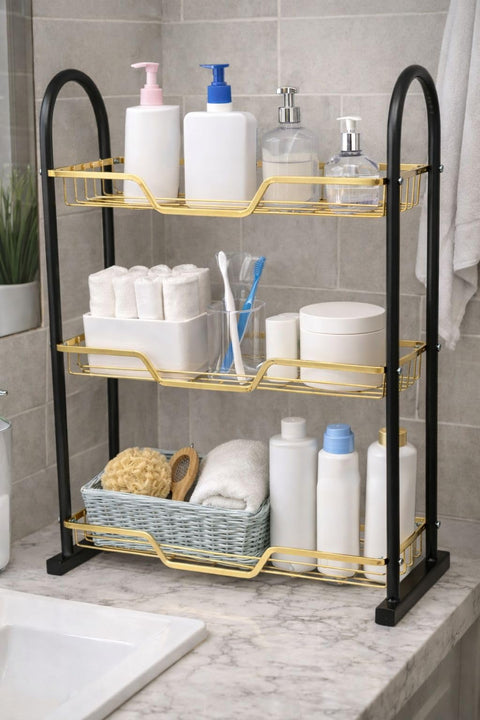 3-Tier Bathroom Organizer Shelf – Multi-Use Metal Storage Rack – Elegant Design – Space Saving & Rustproof