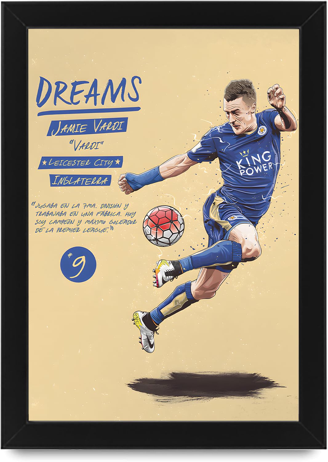 DVOFART “V9” Blue Striker Poster – From Factory to Fame – Motivational Football Art Print – 20x30 cm (White)