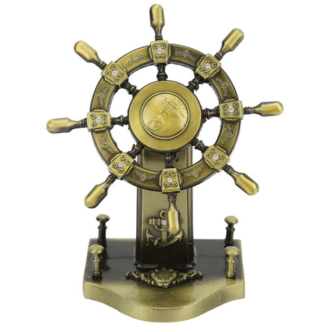 Vintage Ship Wheel Decorative Figurine – Nautical Steering Wheel Statue with Anchor Base, Antique Gold Marine Decor for Home & Office (Antique Gold)