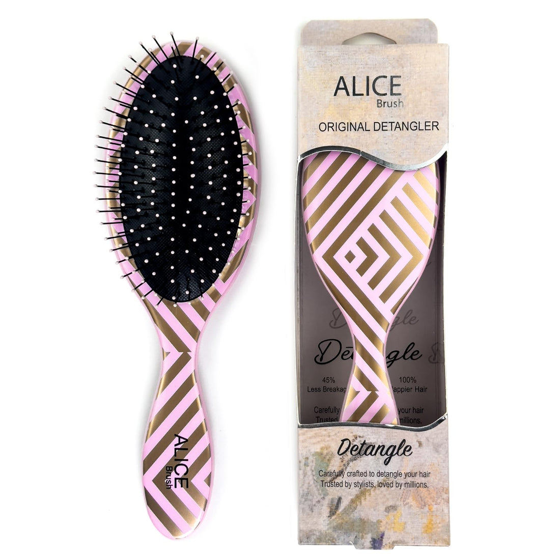 Alice Hair Brush - Detangling Brush With Soft Bristles, Wet & Dry Hair, Flexible Smooth Glide, Gentle Tangle Control (Striped Pink)