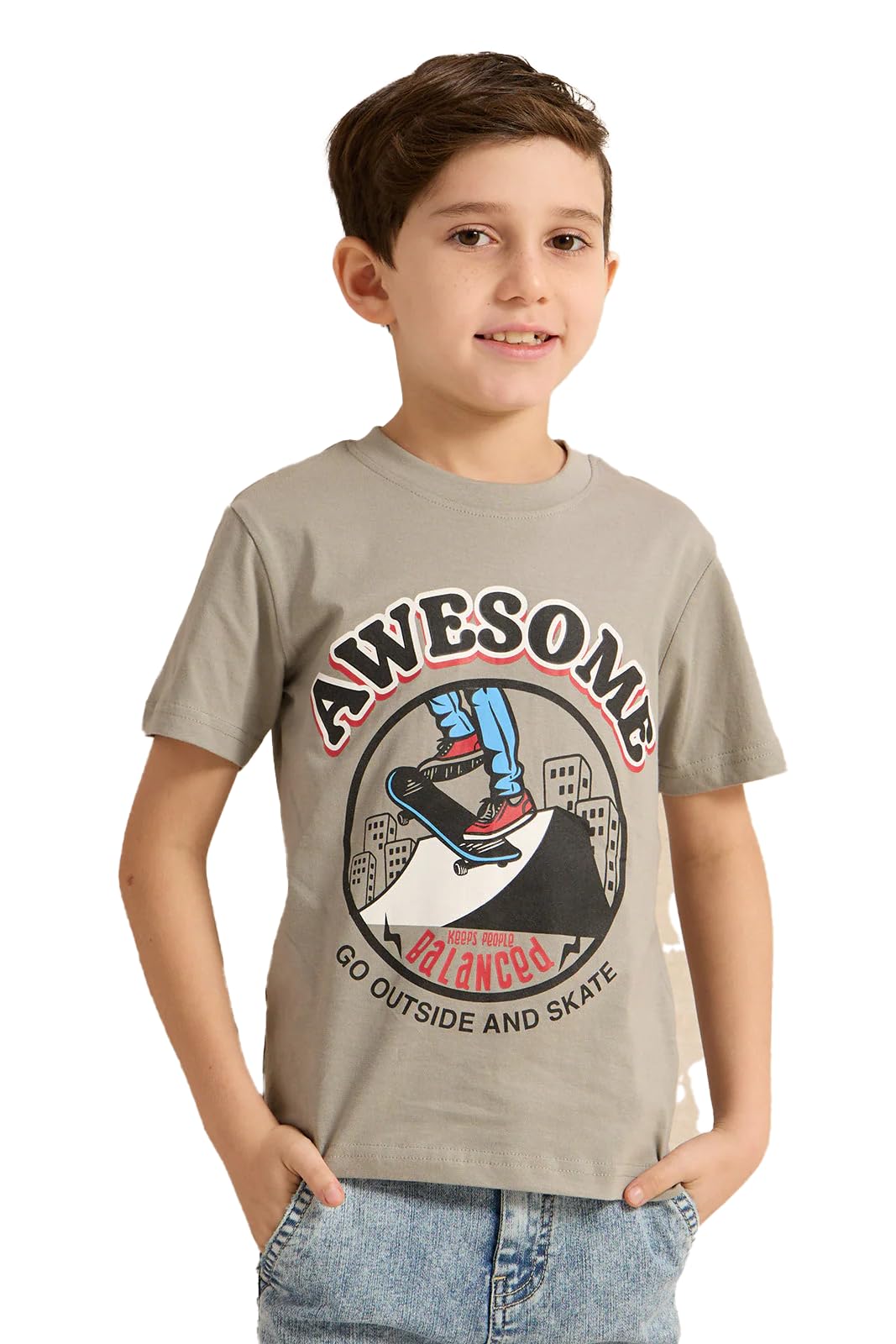 REDTAG, Kids Awesome Skateboard T-Shirt, Gray Cotton Tee with Graphic Print, Short Sleeve, Crew Neck, for Boys Ages 7-8 Years