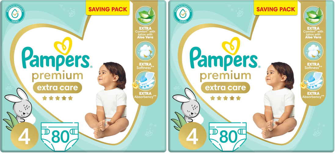Pampers Premium EXTRA CARE Taped Diapers, Size 4, 9-18 kg, with Lotion with Aloe Vera, Saving Pack, 80 Baby Diapers (Pack of 2)