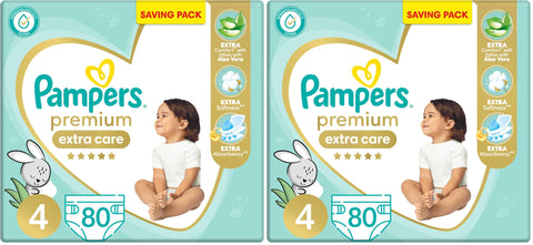 Pampers Premium EXTRA CARE Taped Diapers, Size 4, 9-18 kg, with Lotion with Aloe Vera, Saving Pack, 80 Baby Diapers (Pack of 2)