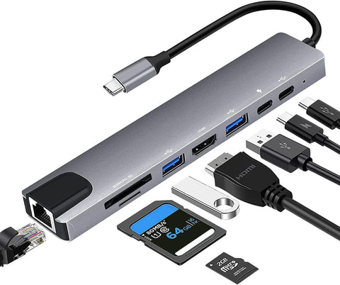 USB C Hub with Ethernet Adapter, 8 in 1 USB C Multiport Hub with PD 100W, 4K HDMI, USB 3.0, Type C, SD/TF Card Reader for iPhone 15, MacBook, iPad, Samsung, Surface