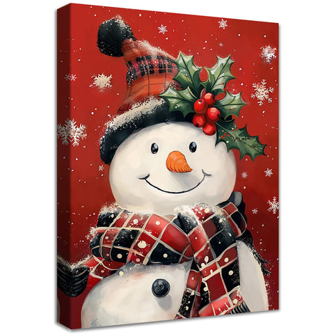 Chiristmas Wooden Framed Canvas Wall Art Snowman Wearing Scarf Canvas Print Christmas Red Berries Painting Poster Pictures for Living Room Bathroom Bedroom Corridor Home Shop Wall Decor 30x40cm