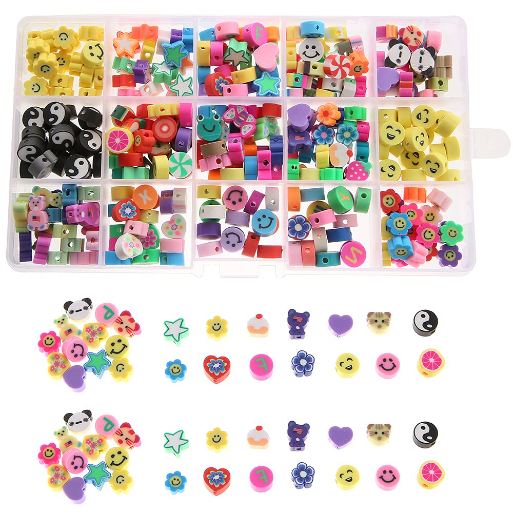 YEYULIN 300Pcs Flower Smiley Handmade Polymer Clay Beads 15 Styles Letter Animal Fruit Theme Loose Spacer Beads Soft Beads for Women Girls Jewelry Making DIY Bracelet Necklace Hair Clip Accessories