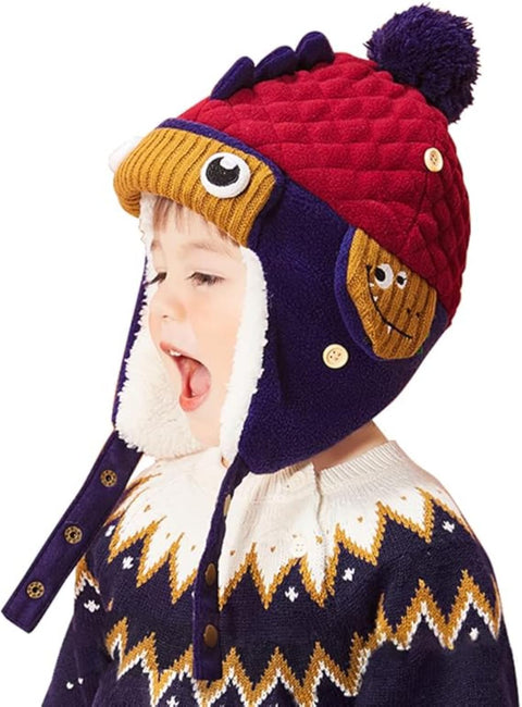 Baby Boys Girls Beanie Pilot Aviator Cartoon Hats, Crochet Earflap Winter Warm Caps, Baby Kids Earflap Winter Trapper Cap, Cartoon Animal Dinosaur Beanie Hat Boys & Girls (Head Circumference: 56 CM)