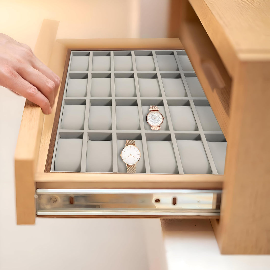 24 Slot Watch Display Box - Elegant velvet-lined storage with removable trays for premium watch collections, perfect for retail displays or home dressing tables.