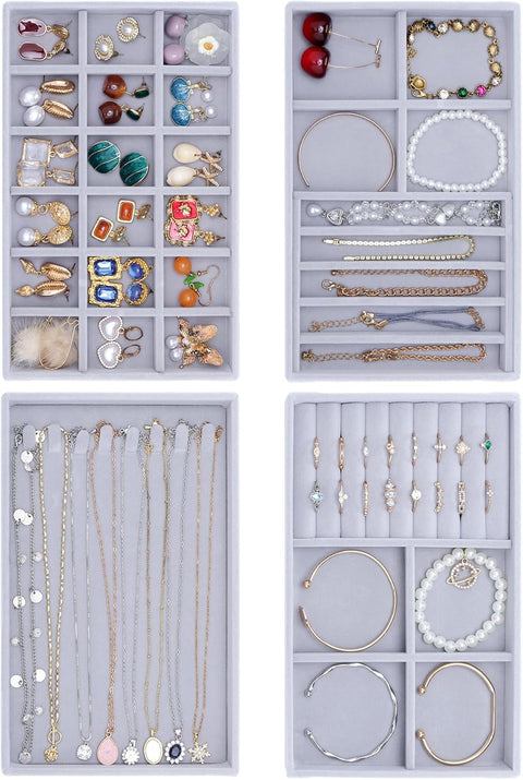 4 Pack Stackable Jewelry Organizer Trays Set Velvet Jewelry Display Case Organizer for Earrings, Necklaces, Bracelets, Rings, Watches with Removable Dividers (Grey)