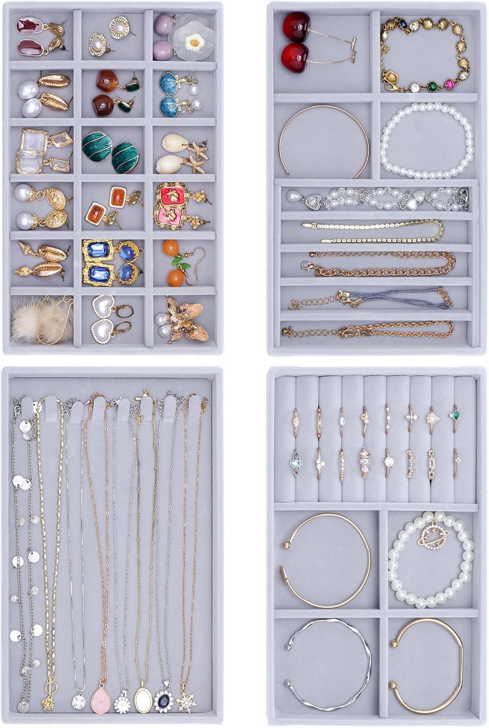 4 Pack Stackable Jewelry Organizer Trays Set Velvet Jewelry Display Case Organizer for Earrings, Necklaces, Bracelets, Rings, Watches with Removable Dividers (Grey)