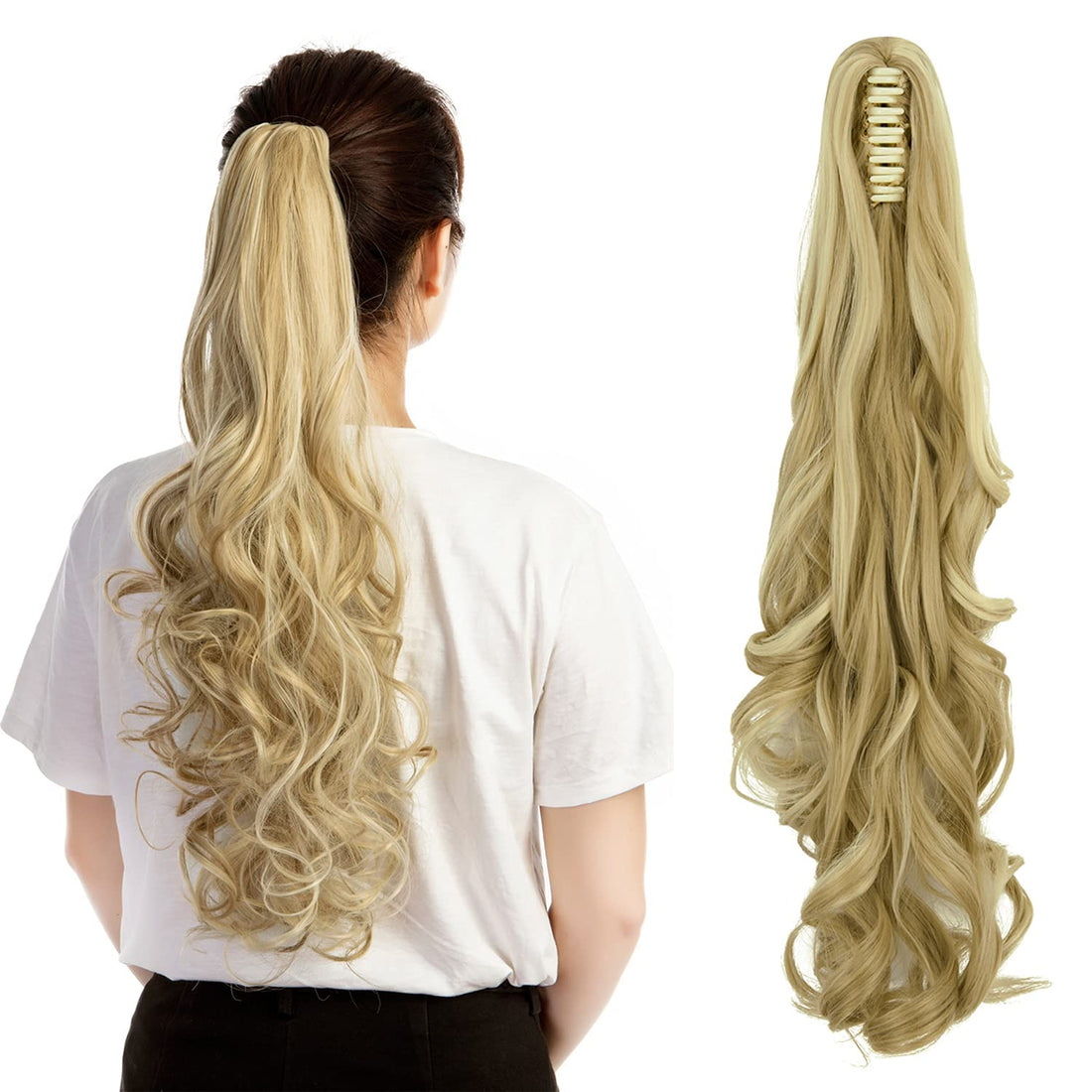 24in Straight Curly Wavy Long Hair Piece Pony Tail Clip (Ash Blonde)