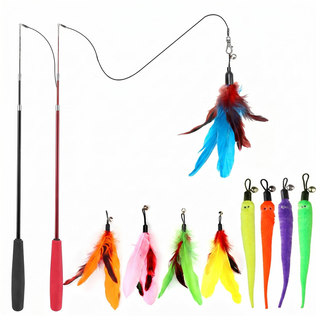 Interactive Cat Toy 2PCS Retractable Wand Toy and 9PCS Cat Feather Toys Refills,Funny Kitten Toys for Bored Indoor Cats Chase and Exercise