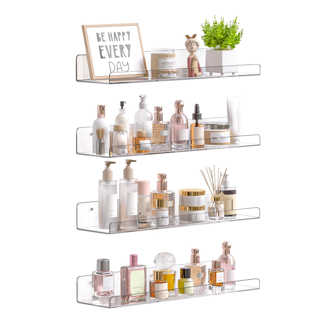 upsimples 4 Pack Acrylic Wall Mounted Floating Shelves for Bathroom Storage Perfume Makeup Skincare Bookcase for Bedroom, Nursery, Living Room, Clear
