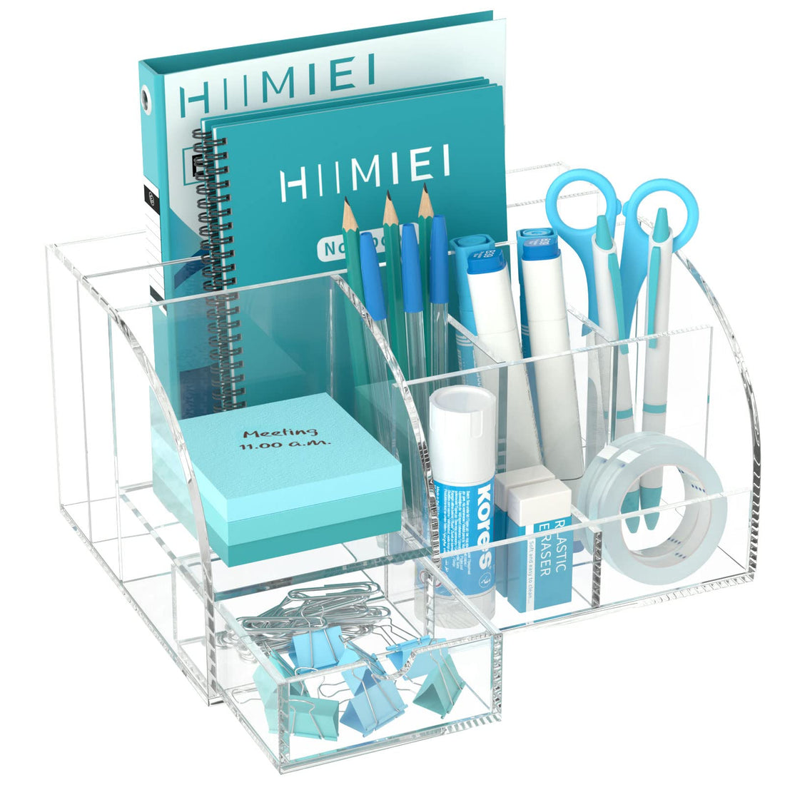 HIIMIEI Desk Organizer Acrylic Clear Desk Organizer Office Desk Organizers and Accessories with 8 Compartments & 1 Drawer for Desktop Office Home School