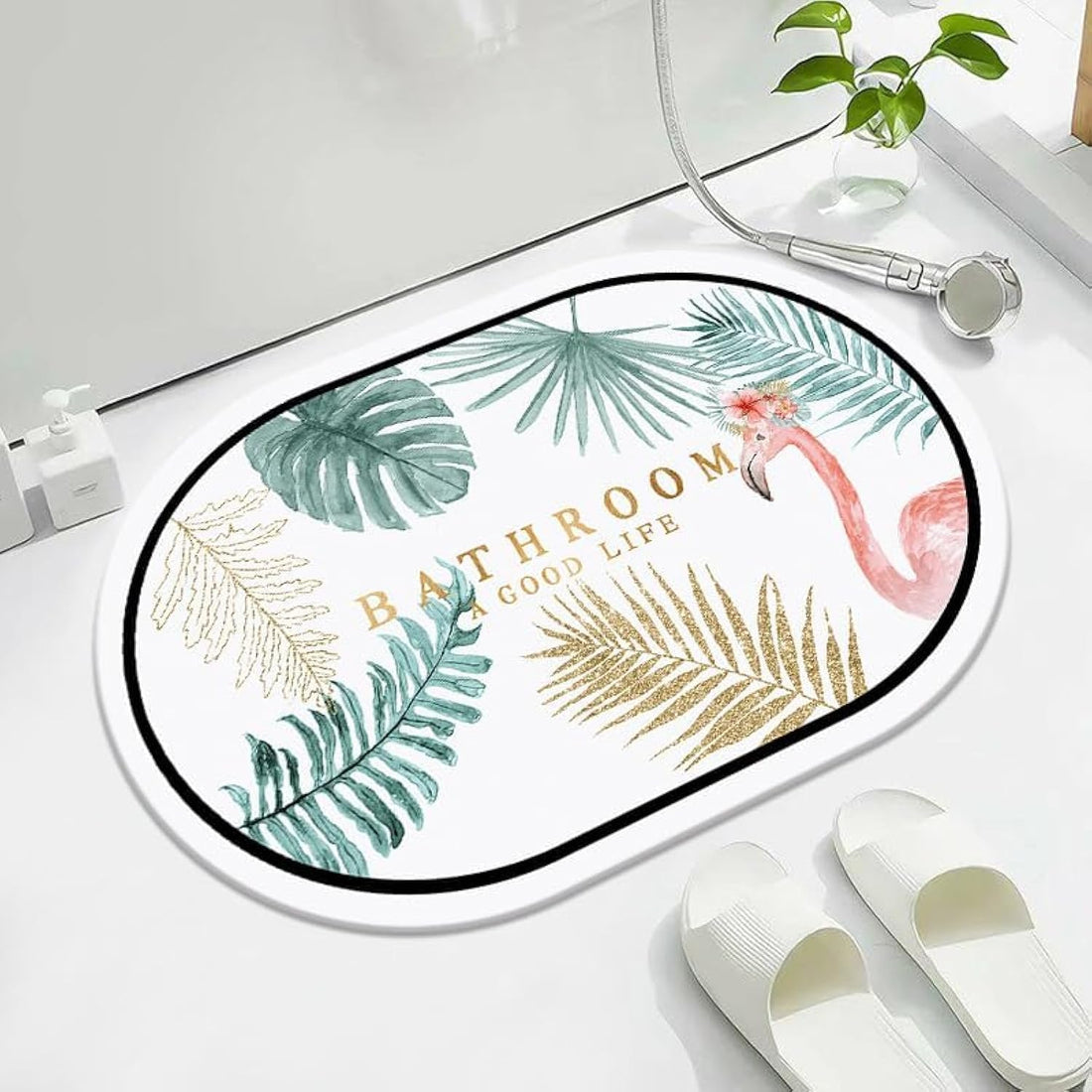 LESTER Absorbant Non-Slip Bathroom Mat oval shape flamingo design white 50x80cm
