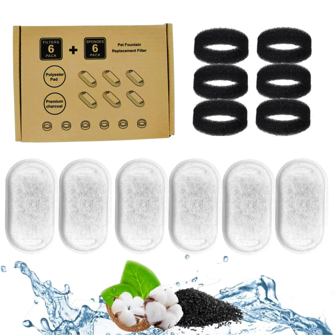 Cat Water Fountain Filters, 12 Pack Pet Fountain Filter Replacement,6 Pieces Carbon Filters and 6 Pieces Foam Filter,Cat Fountain Filter, for 67oz/2L/3.2L Stainless Steel Pet Water Fountain