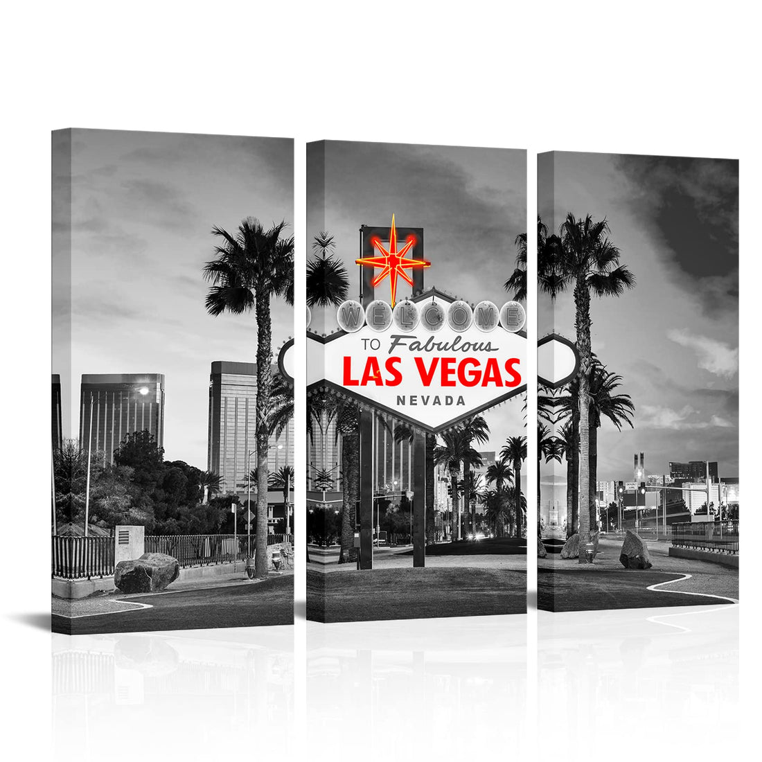 FuShvre 3 Piece Black and White City Wall Art Las Vegas Canvas Picture Prints Retro Cityscape Poster for Home Bedroom Living Room Decor Framed 16"x32"