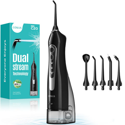 COSLUS Professional Water Flosser For Teeth Braces Gums Care, Cordless Oral Irrigador, Deep Cleaning, Rechargeable, Waterproof, BPA-Free, Portable, Home and Travel, Black C20
