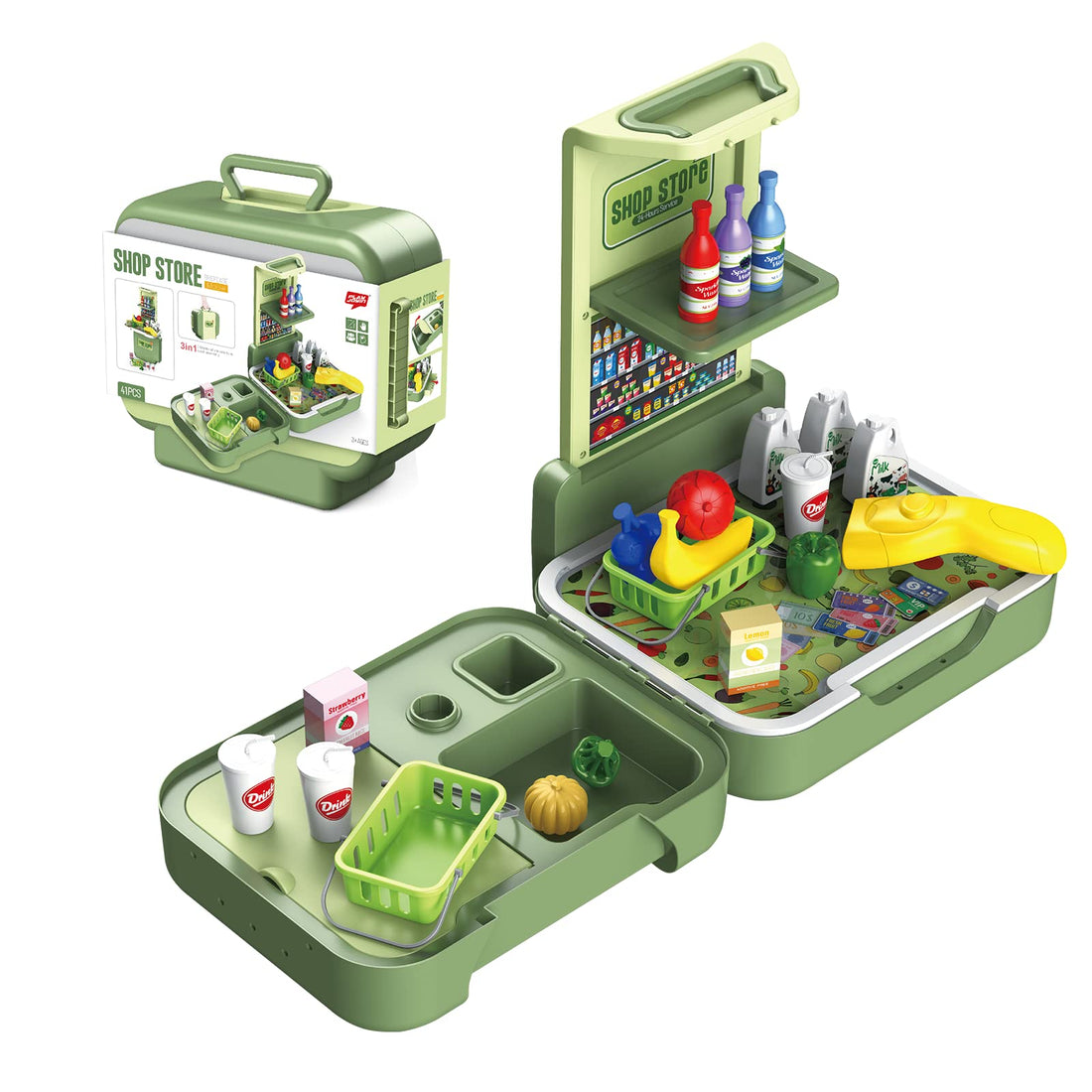 Supermarket Playset for Kids,41 PCS Kids Store Playset Briefcase Supermarket Shopping Pretend Play Grocery Store with Cash Register Credit Card Machine Scanner Food Gift for Kids Age 3-12