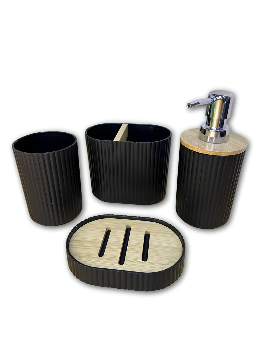Bathroom Equipment - Stylish 4-Piece Plastic and Wooden Bath Set for Contemporary Bathroom Styling (Black)