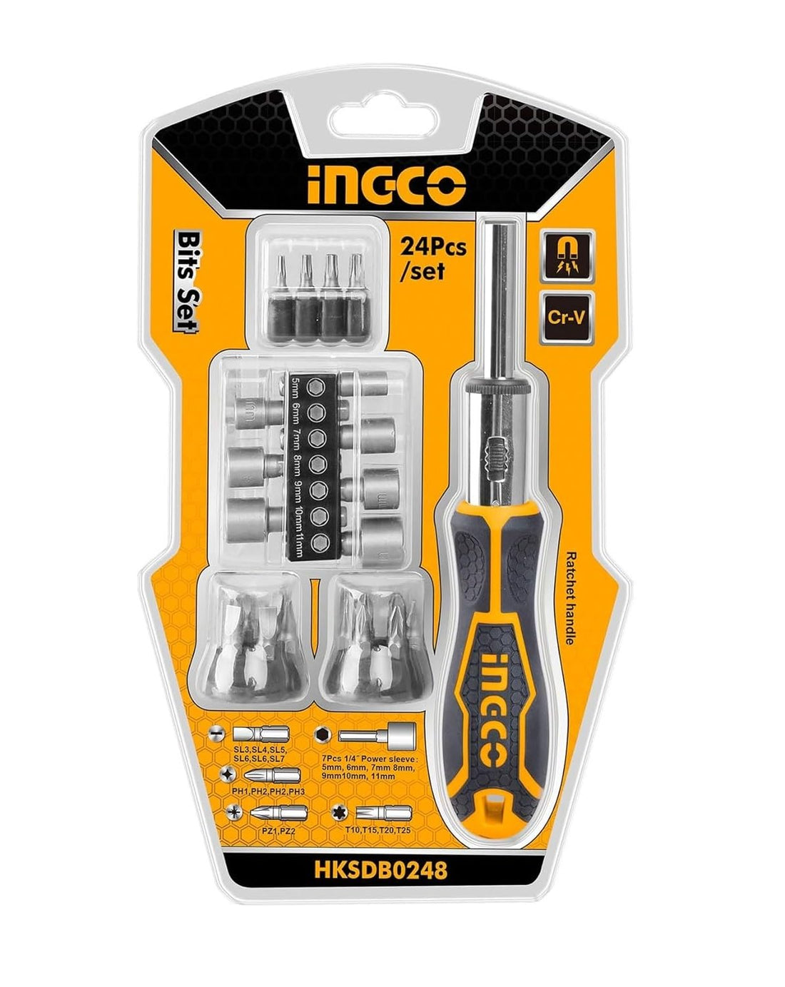 INGCO HKSDB0248 24-Piece Screwdriver Set, Material : CR-V, 16 Screwdriver Bits (6.35X25mm), 7 Power Sleeves (1/4""), 1 Unique Design Ratchet Handle