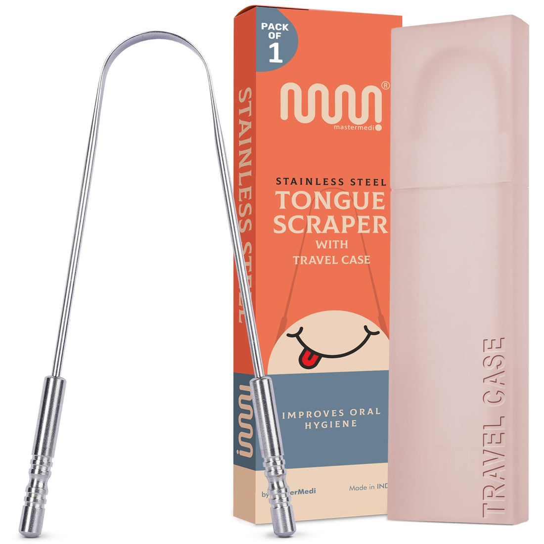 MasterMedi Tongue Scraper with Travel Case 1 Pack, Bad Breath Treatment Tongue Scraper for Adults & Kids, Stainless Steel Metal Tongue Scraper, Easy to Use Tongue Cleaner for Hygiene and Self Care