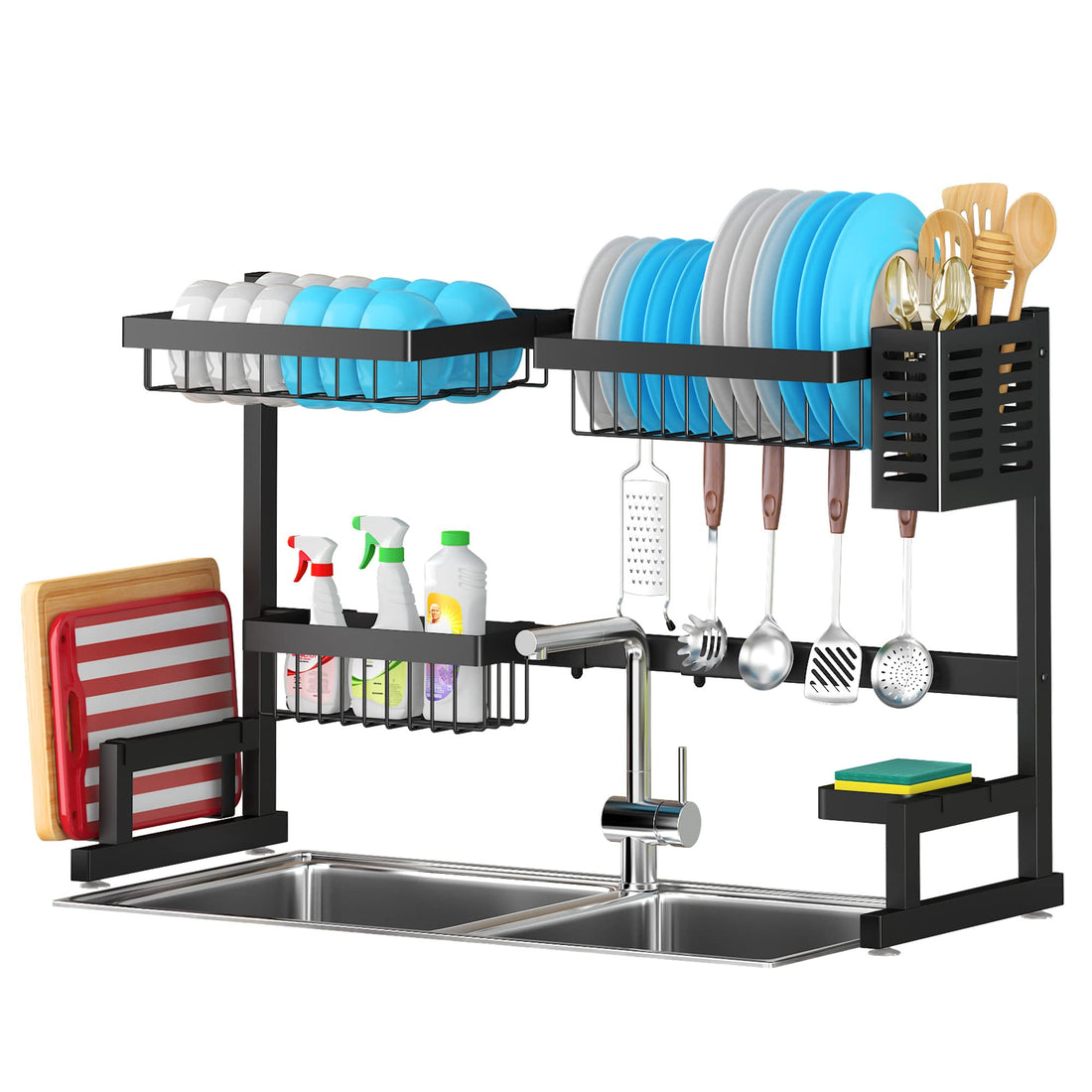 Over Sink(24"-40") Dish Drying Rack, Adjustable Cutlery Holders Drainer Shelf for Kitchen Supplies Storage Counter Organizer Stainless Steel Display- Space Save Must Have (24≤Sink Size≤40inch, black)