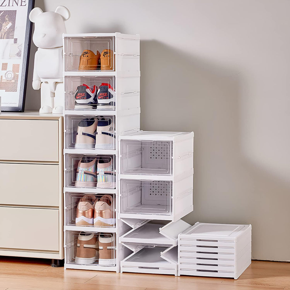 Uandhome Shoe Storage Boxes, No Assembly Foldable Shoe Organizer Storage Bin with Clear,Free Standing Shoe Shelf Cabinet with Lid, Plastic Shoe Rack for Closet, Entryway, 6-Tier (White)