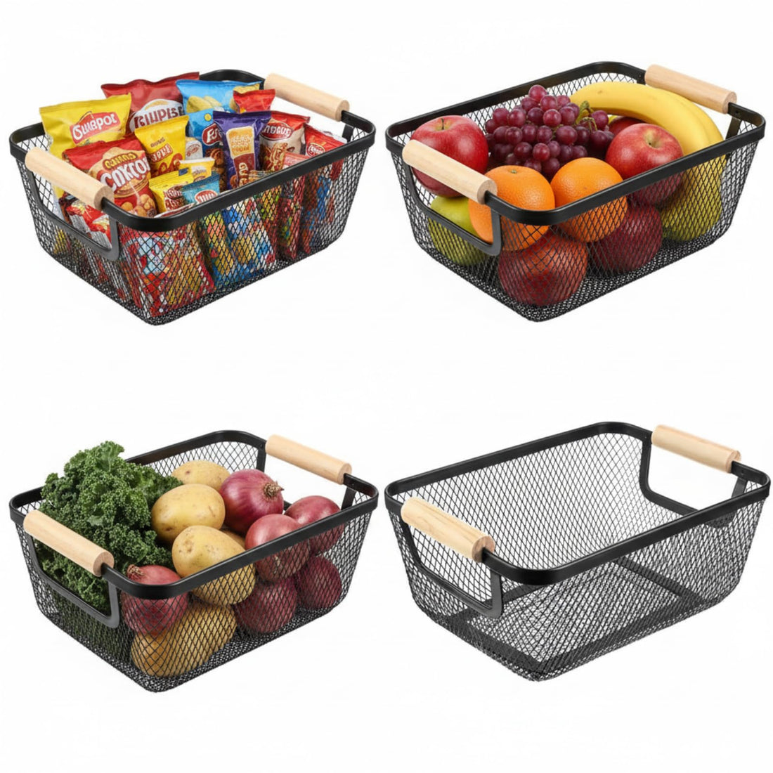 Ziliny 4 Pcs Metal Wire Basket with Wooden Handles Mesh Steel Storage Organizer Bin Containers for Home Organizing Cabinet Pantry Closet Kitchen Fridge Fruit Makeup Snacks Gifts(Small,Black)