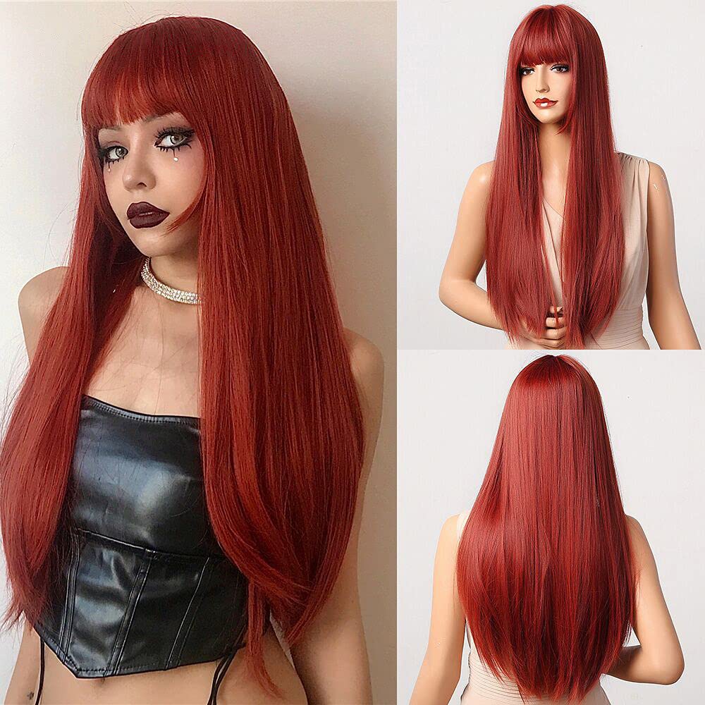 ECIF Red Wigs - Long Straight Wigs, Synthetic Hair Cosplay Wigs With Bangs Gift For Women High Temperature Fiber