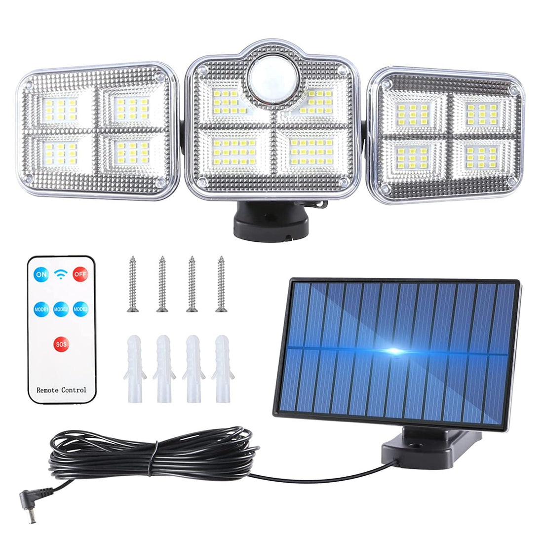 Hobubu Outdoor Solar Lights, 3 Head Adjustable Solar Motion Sensor Security Light with 122 LED, 270° Lighting Angle Range, IP65 Waterproof Solar Lights Motion Sensor with Remote Control
