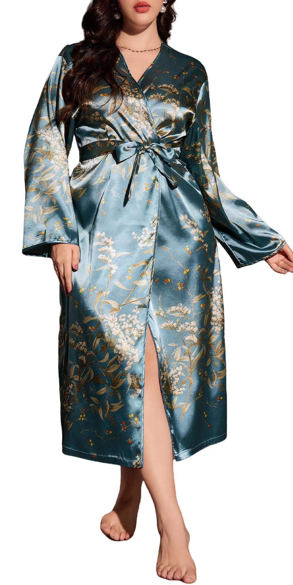 Luxury Women's Faux Silk Robe Elegant V-Neck Adjustable Strap for Every Moment, Solid Floral Patterns Perfect for Gifts, Honeymoon, Home Comfort