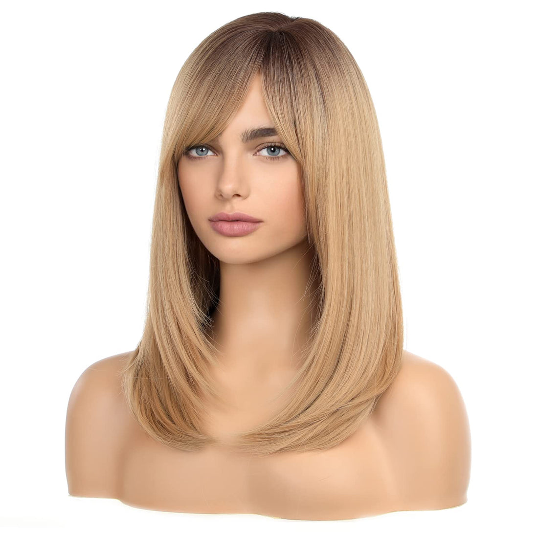 ECIF Long Blonde Wigs For Women Layered Dark Roots Hair Wig With Bangs