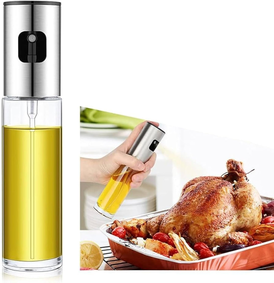 Glass Olive Oil Sprayer - 100ml, Metal Head, Mister, Refillable Bottle for Salad, BBQ, Baking, Roasting