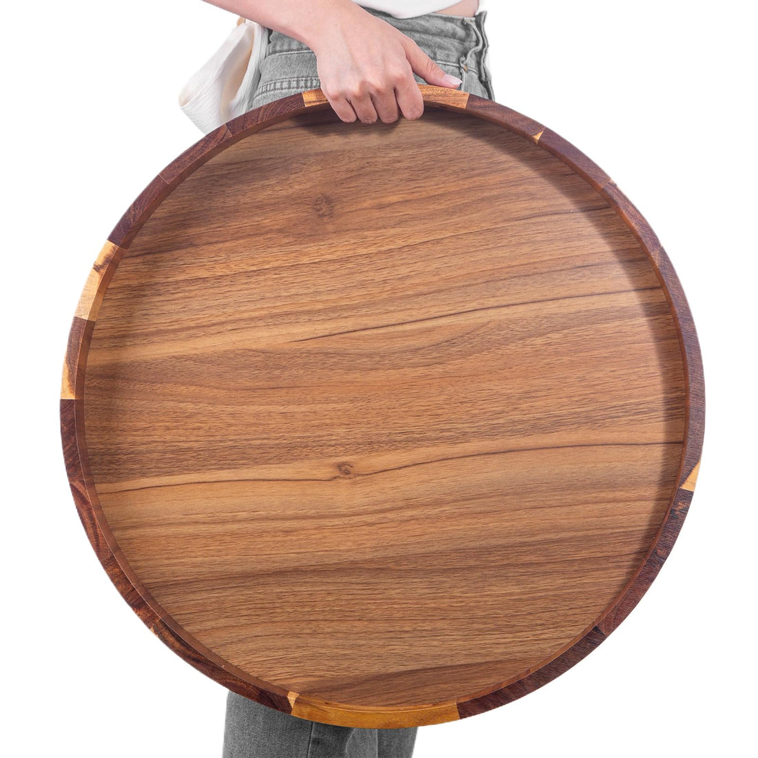 Oversized Round Ottoman Tray,22INCH,Great Round Trays Over Coffee Table Topper,Extra Large Circle Decorative Tray for Living Room,Big Wooden Tray with Handles For Displaying Serving Organizing