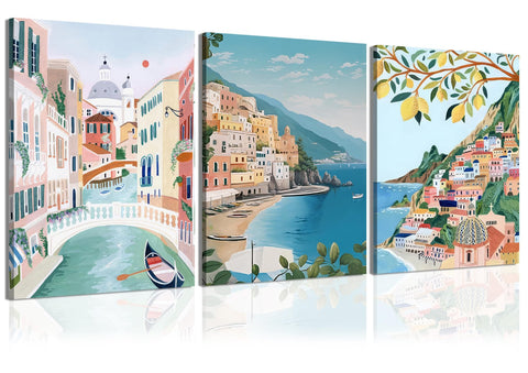inch sunshine art Vintage Trendy Cities Wall Set of 3 Modern Colorful Landscape Travel Wall Decor Europe Italy Cities Canvas Poster Prints Italy Amalfi Coast for Bedroom Living Room Framed 12x16