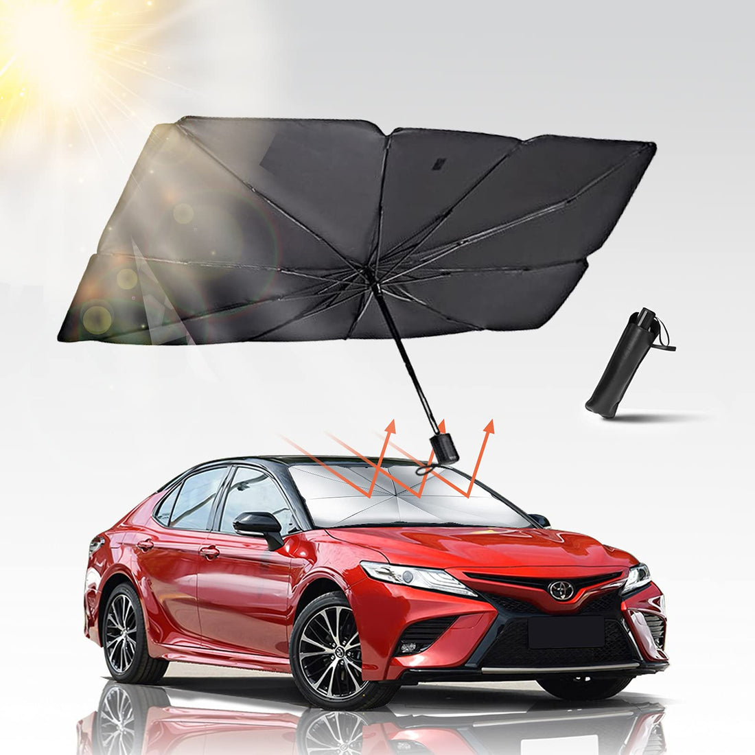Car Windshield Sun Shade Umbrella, UV Reflecting Foldable Front Car Sunshade Umbrella, Easy to Use/Store Car Umbrella Protect Vehicle from UV Rays Sun and Heat, Fit Most Vehicle(57'' x 31'')